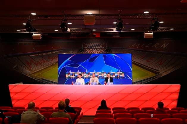 Bayern Munchen v Club Brugge - UEFA Champions League Media Activities 21 10 2025 MUNICH, GERMANY - OCTOBER 21 : Tzolis Christos forward of Club Brugge, Hayen Nicky head coach of Club Brugge and Willem Kirsten Communications Director of Club Brugge talking to the press during a press conference, PK, Pressekonferenz ahead of the UEFA Champions League 2025 26 League Phase MD3 match between Bayern Munchen and Club Brugge on October 21, 2025 in Munich, Germany, 21 10 2025 Munich Germany  Copyright: xTomasxSiskx