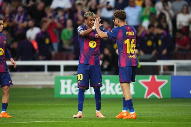 during the UEFA Champions League match, between FC Barcelona, Barca and Olympiacos FC, Lluis Companys Stadium on October 21, 2025 in Barcelona, Spain. (Photo by Bagu Blanco PRESSIN).. Copyright: xBaguxBlancox xPRESSINx