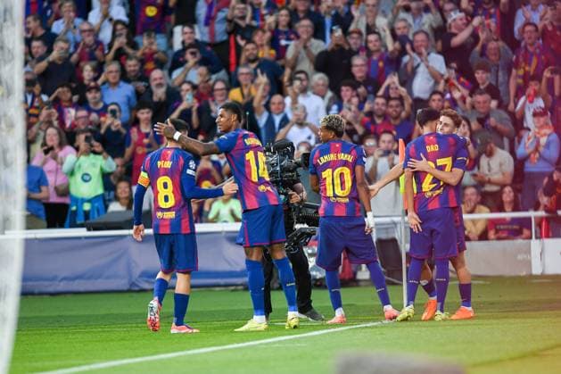 FC Barcelona, Barca v OLIMPIACOS FC OLIMPIC STADIUM LLUIS COMPANYS. MONTJUIC,BARCELONA. October 21,2025 FC BARCELONA vs OLIMPIACOS FC October 21,2025 Fermin Lopez (16) of FC Barcelona celebrates scoring his team s first goal with teammates during the soccer match corresponding to the third match of the group stage of the UEFA Champions League between FC Barcelona and Olimpiacos FC at Olimpic Stadium Lluis Companys of MontjuÃ¯c in Barcelona, Spain. Barcelona ESP Copyright: xS.xRosx