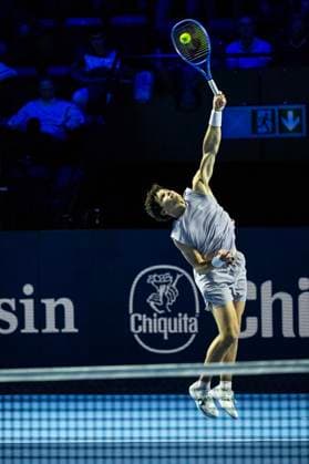 21st October 2025; St. Jakobshalle, Basel, Switzerland; 2025 ATP, Tennis Herren Swiss Indoor Tennis Day 3; Ben Shelton (USA) in action during the match against Kamil Majchrzak (POL) in the first round  DavidxEmm