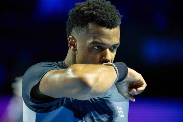 21st October 2025; St. Jakobshalle, Basel, Switzerland; 2025 ATP, Tennis Herren Swiss Indoor Tennis Day 3; Giovanni Mpetshi Perricard (FRA) reacts during the match against Joao Fonseca (BRA) in the first round  DavidxEmm