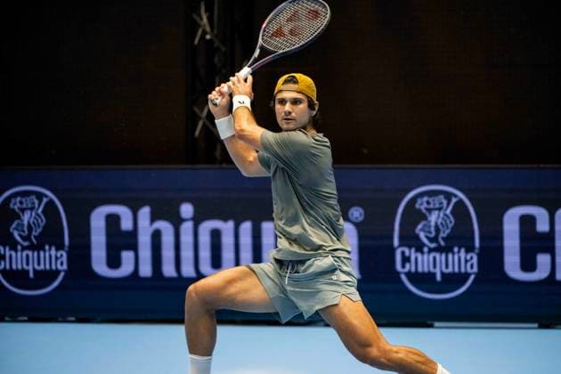 21st October 2025; St. Jakobshalle, Basel, Switzerland; 2025 ATP, Tennis Herren Swiss Indoor Tennis Day 3; Marcos Giron (USA) in action during the match against Denis Shapovalov (CAN) in the first round  DavidxEmm