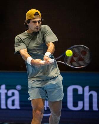 21st October 2025; St. Jakobshalle, Basel, Switzerland; 2025 ATP, Tennis Herren Swiss Indoor Tennis Day 3; Marcos Giron (USA) in action during the match against Denis Shapovalov (CAN) in the first round  DavidxEmm