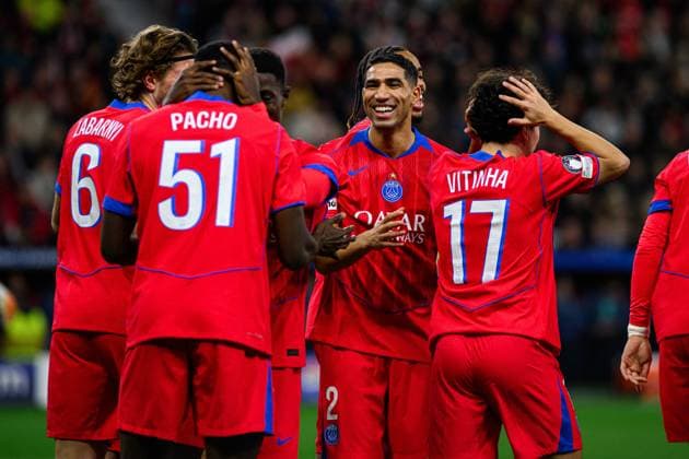 LEVERKUSEN, GERMANY - 21 OCTOBER, 2025: Achraf Hakimi, Willian Pacho, Illia Zabarnyi, Vitinha - UEFA Champions League, match Bayer Leverkusen vs Paris Saint Germain at BayArena.  Copyright: xx