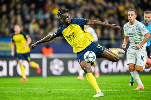 Royale Union Saint-Gilloise v Inter Milan - UEFA Champions League BRUSSELS, BELGIUM - OCTOBER 21 : David Promise Oluwatobi forward of Union Saint-Gilloise in action during the UEFA Champions League 2025 26 League Phase MD3 match between Royale Union Saint-Gilloise and Inter Milan on October 21, 2025 in Brussels, Belgium, 21 10 2025 Brussels Belgium  Copyright: xNicoxVereeckenx