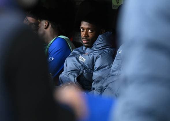 21.10.2025, xophax, Fussball - Champions League 2025 UEFA Champions League BayArena Bayer Leverkusen gegen Paris St. - Germain Ousmane Dembele ( Paris St. Germain ) auf der Bank. Leverkusen