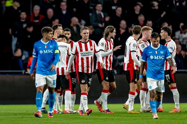 SSC Napoli defender Giovanni Di Lorenzo, SSC Napoli midfielder Billy Gilmour are disappointed after the goal of PSV Eindhoven midfielder Guus Til 1-1 during the match PSV Eindhoven vs SSC Napoli at the Philips stadium for the Champions League - League phase - Matchday 3 season 2025-2026 in EINDHOVEN, Netherlands on 21 oktober 2025, (photo by Stefan Koops EYE4images DeFodi Images) SSC Napoli defender Giovanni Di Lorenzo, SSC Napoli midfielder Billy Gilmour are disappointed after the goal of PSV Eindhoven midfielder Guus Til 1 1 during the match PSV Eindhoven vs SSC Napoli at the Philips stadium for the Champions League phase Matchday 3 season 2025 2026 in EINDHOVEN, Netherlands on 21 oktober 2025, photo by Stefan Koops EYE4images DeFodi Images