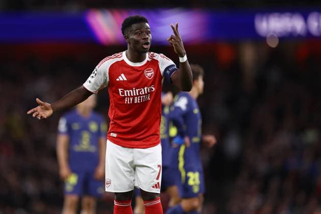 Arsenal v Atletico Madrid 21 October 2025, London - UEFA Champions League - League Stage - Arsenal v Atletico Madrid - Bukayo Saka of Arsenal makes an appeal to a match official - Photo: Jacques Feeney Offside. London UK Copyright: xJacquesxFeeneyx xOffsidexOffside