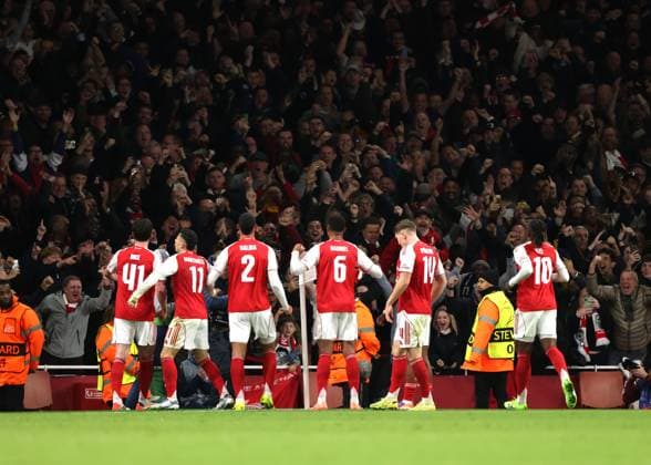 Gabriel Magalhaes (A) celebrates scoring the first Arsenal goal (1-0) at the Arsenal v Atletico Madrid UEFA Champions League match, at the Emirates Stadium, London, UK on 21st October, 2025. 