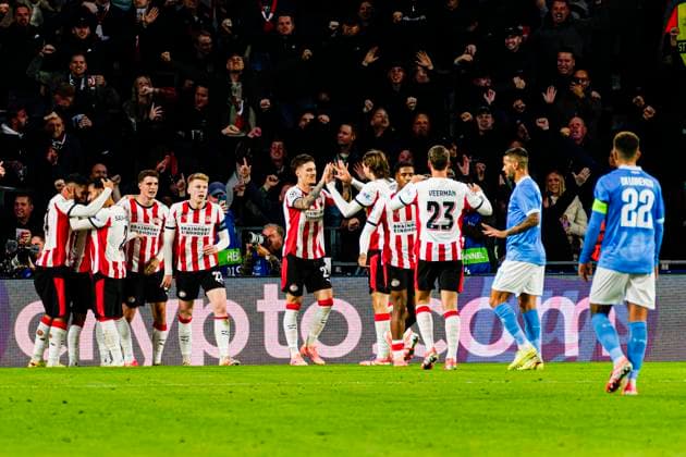 Ismael Saibari of PSV Eindhoven celebrates with teammates after scoring his teams second goal PSV Eindhoven v SSC Napoli, UEFA Champions League 2025 26 League Phase MD3, PSV Eindhoven v SSC Napoli, PSV Stadion, October 21, 2025, Eindhoven, Netherlands.