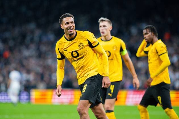 21.10.2025 - Fußball, 2025 2026, Champions League, 3. Spieltag, FC Kopenhagen - Borussia Dortmund: Felix Nmecha (Dortmund) jubelt nach seinem Tor zum 1:3