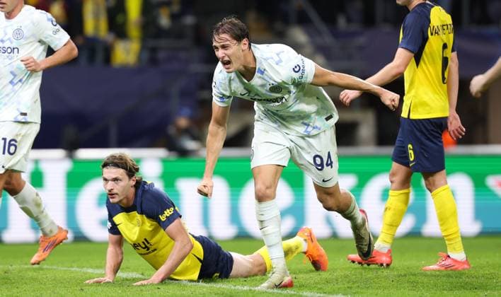 Inter s Pio Esposito celebrates after scoring during a soccer game between Belgian Royale Union Saint-Gilloise and Italian Internazionale Milano, Tuesday 21 October 2025 in Brussels, on the third day of the League phase of the UEFA Champions League tournament. VIRGINIExLEFOUR  x137544751x