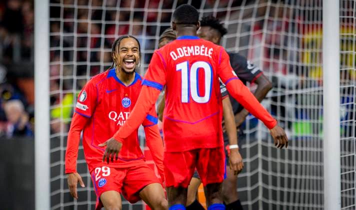 Leverkusen, Germany. 21st Oct 2025. . Goal celebration Bradley Barcola (Paris) Ousmane Dembele (Paris) Bayer Leverkusen - Paris St. Germain 18.10.2025