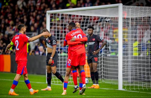 Leverkusen, Germany. 21st Oct 2025. . Goal celebration Bradley Barcola (Paris) Ousmane Dembele (Paris) Bayer Leverkusen - Paris St. Germain 18.10.2025