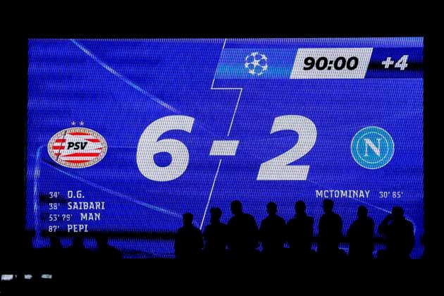 scoreboard final result 6-2 PSV Eindhoven v SSC Napoli, UEFA Champions League 2025 26 League Phase MD3, PSV Eindhoven v SSC Napoli, PSV Stadion, October 21, 2025, Eindhoven, Netherlands.