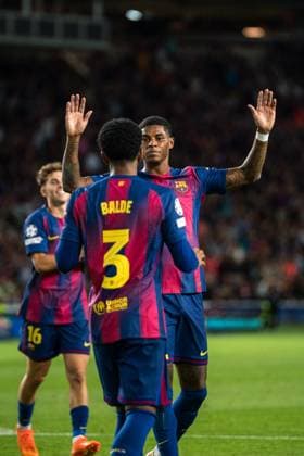 (251022) -- BARCELONA, Oct. 22, 2025 -- Marcus Rashford (R) of FC Barcelona, Barca celebrates a goal with his teammates during the Champions League football match between FC Barcelona and Olympiacos in Barcelona, Spain, Oct. 21, 2025. (Photo by Xinhua) (SP)SPAIN-BARCELONA-FOOTBALL-CHAMPIONS LEAGUE-FC BARCELONA-OLYMPIACOS Joanxgosa 