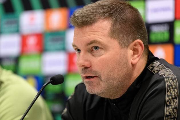 251022 Coach Jens Gustafsson during a press conference, PK, Pressekonferenz with Häcken on October 22, 2025 in Gothenburg. Photo: Carl Sandin BILDBYRAN kod CS CS0799 fotboll football soccer fotball uefa conference league conference league press conference presskonferens häcken bbeng Copyright: CARLxSANDIN BB251022CS008