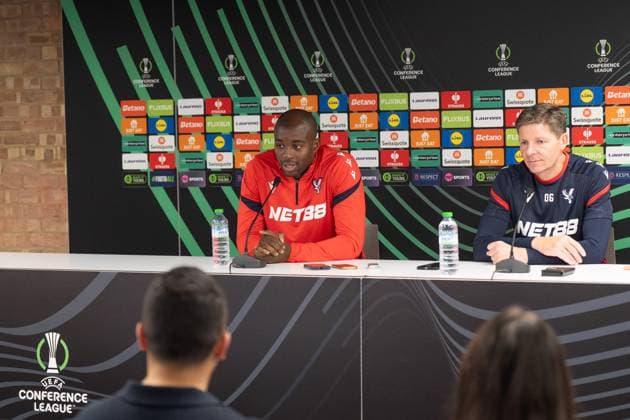 Crystal Palace 22 10 2025. Press and training Crystal Palace forward Jean-Philippe Mateta (14) and Crystal Palace manager Oliver Glasner at the Crystal Palace press conference, PK, Pressekonferenz ahead of Crystal Palace v AEK Larnaca in the UEFA Conference League match at at Selhurst Park, London on 23rd October 2025. Editorial use only , Copyright: xStephenxFlynnx PSI-23085-0107