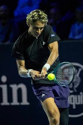 22nd October 2025; St. Jakobshalle, Basel, Switzerland; 2025 ATP, Tennis Herren Swiss Indoor Tennis Day 4; Gabriel Diallo (CAN) in action during the match against Felix Auger-Aliassime (CAN) in the first round  DavidxEmm