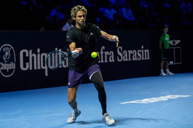 22nd October 2025; St. Jakobshalle, Basel, Switzerland; 2025 ATP, Tennis Herren Swiss Indoor Tennis Day 4; Gabriel Diallo (CAN) in action during the match against Felix Auger-Aliassime (CAN) in the first round  DavidxEmm