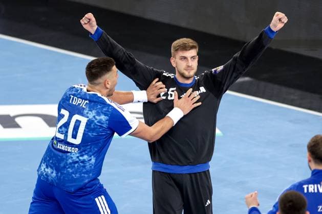 HC Zagreb v OTP Bank Pick Szeged: EHF Champions League Petar Topic and Haris Suljevic of HC Zagreb celebrate during the Men s EHF Champions League group B match between HC Zagreb and OTP Bank Pick Szeged at Arena Zagreb on October 22, 2025. in Zagreb, Croatia.  IgorxKralj PIXSELL