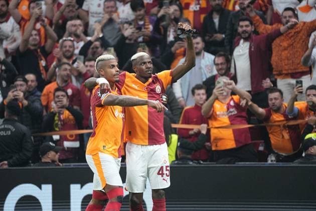 Victor Osimhen (R) of Galatasaray celebrates his goal with teammate Mario Lemina during the UEFA Champions League league phase match between Galatasaray SK and FK Bodo Glimt in Istanbul, Turkey, 22 October 2025. ( Copyright: DepoxPhotos 18868778