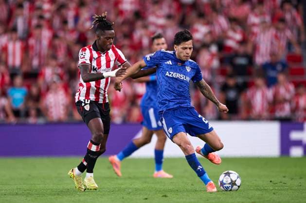 ESP: Athletic Club - Qarabag FK,. UEFA Champions League. Matchday 3. Matheus Silva of Qarabag FK, Nico Williams of Athletic Club during the UEFA Champions League match, between Athletic Club and Qarabag FK, matchday 3, played at San Mames Stadium on October 22, 2025 in Bilbao, Spain. kpng Copyright: xCesarxOrtizx xPRESSINx PS_241022_ATH_QAR_2526_054