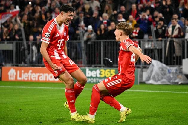Bayern Munchen v Club Brugge - UEFA Champions League MUNICH, GERMANY - OCTOBER 22 : Karl Lennart midfielder of Bayern Munchen celebrates scoring the opening goal with Pavlovic Aleksandar midfielder of Bayern Munchen during the UEFA Champions League 2025 26 League Phase MD3 match between Bayern Munchen and Club Brugge on October 22, 2025 in Munich, Germany, 22 10 2025 Munich Germany  Copyright: xTomasxSiskx