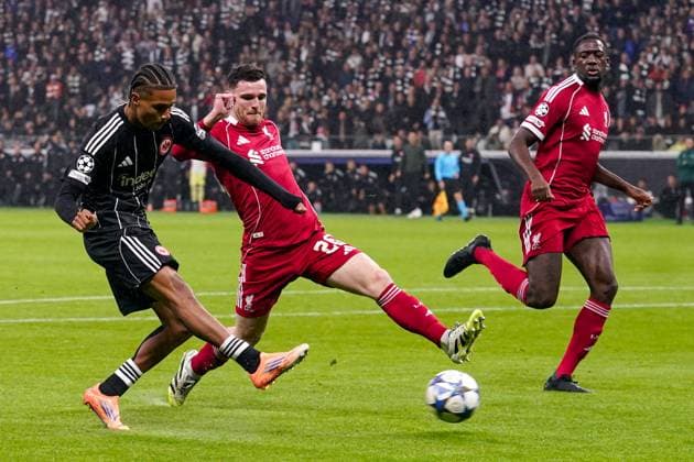 2025-10-22 Eintracht Frankfurt v Liverpool FC - UEFA Champions League 2025 26 League Phase MD3 FRANKFURT AM MAIN, GERMANY - OCTOBER 22: Jean-Matteo Bahoya of Eintracht Frankfurt shoots at goal during the UEFA Champions League 2025 26 League Phase MD3 match between Eintracht Frankfurt and Liverpool FC at Deutsche Bank Park on October 22, 2025 in Frankfurt am Main, Germany. Frankfurt am Main Deutsche Bank Park Germany Content not available for redistribution in The Netherlands directly or indirectly through any third parties. Copyright: xAndrexWeeningx