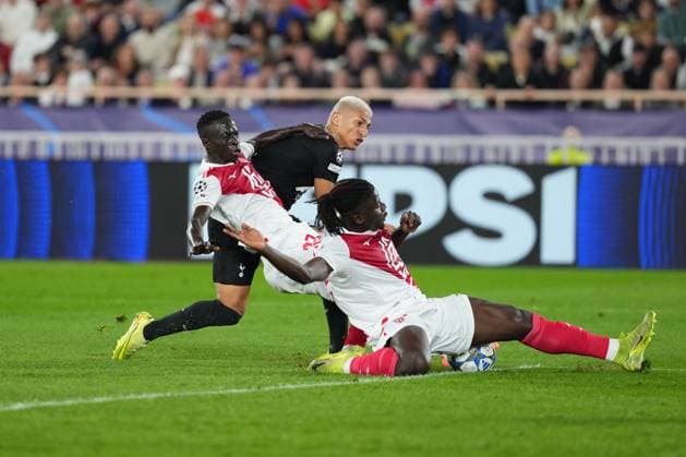 Richarlison of Tottenham sees his shot blocked by Mohammed Salisu of Monaco and Krepin Diatta of Monaco Monaco v Tottenham Hotspur, UEFA Champions League, Group Stage, Football, Stade Louis II, Monaco - 22 Oct 2025Monaco Stade Louis II Monaco EDITORIAL USE ONLY No use with unauthorised audio, video, data, fixture lists, club league logos or live services. Online in-match use limited to 120 images, no video emulation. No use in betting, games or single club league player publications. Copyright: xDavexWinter Shutterstockx 15552361ax