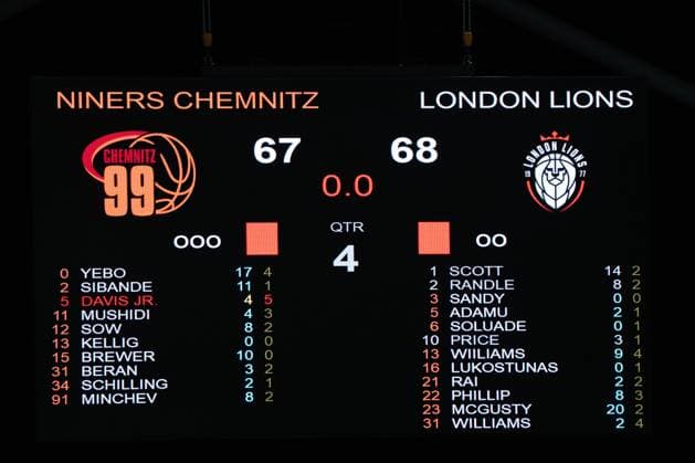 Chemnitz, Deutschland 22. Oktober 2025: BKT EuroCup - 2025 2026 - Niners Chemnitz vs. London Lions Im Bild: Anzeigetafel mit Endstand 67 : 68 Copyright: xFotostandx xNachtigallx