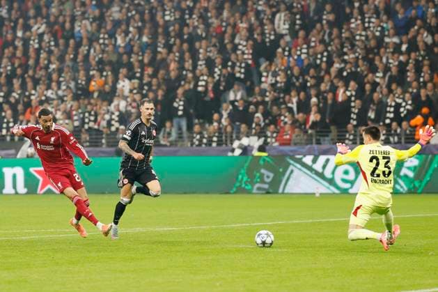v.l. Hugo Ekitike (Liverpool FC, 22), Goal scored, erzielt das Tor zum 1:1, celebrate the goal, Robin Koch (Eintracht Frankfurt, 4) und Torwart Michael Zetterer (Eintracht Frankfurt, 23), 22.10.2025, Fussball, Uefa Champions League, Eintracht Frankfurt - Liverpool FC, GER, Frankfurt am Main, Deutsche Bank Park. Copyright: HMBxMedia xHeikoxBecker