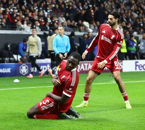 Ibrahima Konate of Liverpool celebrates scoring his sides third goal Eintracht Frankfurt v Liverpool, UEFA Champions League, Group Stage, Football, Deutsche Bank Park, Frankfurt, Germany - 22 Oct 2025Frankfurt Deutsche Bank Park Germany EDITORIAL USE ONLY No use with unauthorised audio, video, data, fixture lists, club league logos or live services. Online in-match use limited to 120 images, no video emulation. No use in betting, games or single club league player publications. Copyright: xMichaelxZemanek Shutterstockx 15558828ac