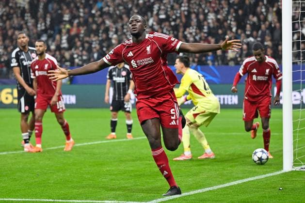 Frankfurt, Deutsche Bank Park, 22.10.25, GER, Herren, UEFA Champions Leaugue, Saison 2025-2026, Eintracht Frankfurt - FC Liverpool Bild: Ibrahima KONATE (Liverpool) jubelt nach seinem Tor zum 1:3 UEFA regulations prohibit any use of photographs as image sequences and or quasi-video. Hessen Deutschland