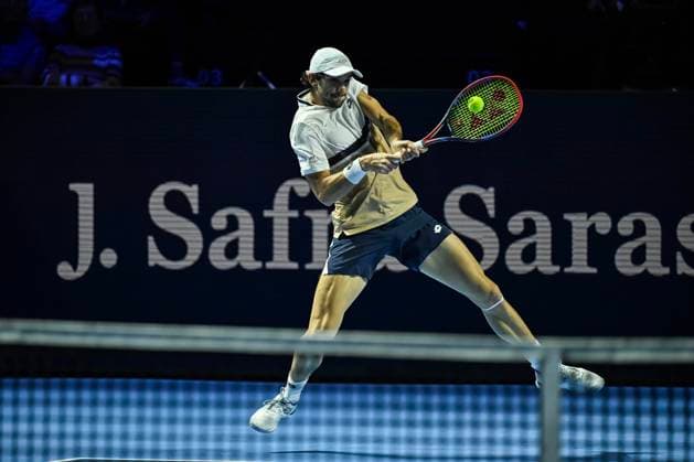 22nd October 2025; St. Jakobshalle, Basel, Switzerland; 2025 ATP, Tennis Herren Swiss Indoor Tennis Day 4; Valentin Vacherot (MON) in action during the match against Taylor Fritz (USA) in the first round  DavidxEmm