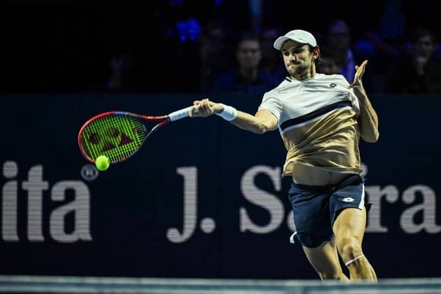 22nd October 2025; St. Jakobshalle, Basel, Switzerland; 2025 ATP, Tennis Herren Swiss Indoor Tennis Day 4; Valentin Vacherot (MON) in action during the match against Taylor Fritz (USA) in the first round  DavidxEmm