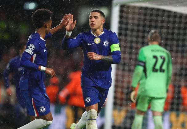 London, England, 22nd October 2025. Enzo Fernandez of Chelsea celebrates scoring their third goal during the Chelsea vs Ajax UEFA Champions League match at Stamford Bridge, London. Picture credit should read: Paul Terry Sportimage EDITORIAL USE ONLY. No use with unauthorised audio, video, data, fixture lists, club league logos or live services. Online in-match use limited to 120 images, no video emulation. No use in betting, games or single club league player publications. SPI_058_PT_Chelsea_Ajax SPI-4230-0056