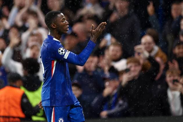 Chelsea v Ajax 22 October 2025, London - UEFA Champions League - League Stage - Chelsea v Ajax - Moises Caicedo of Chelsea celebrates after scoring the second goal - Photo: Jacques Feeney Offside. London UK Copyright: xJacquesxFeeneyx xOffsidexOffside