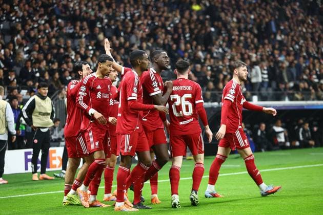Ibrahima Konate of Liverpool celebrates scoring his sides third goal with team-mates Eintracht Frankfurt v Liverpool, UEFA Champions League, Group Stage, Football, Deutsche Bank Park, Frankfurt, Germany - 22 Oct 2025Frankfurt Deutsche Bank Park Germany EDITORIAL USE ONLY No use with unauthorised audio, video, data, fixture lists, club league logos or live services. Online in-match use limited to 120 images, no video emulation. No use in betting, games or single club league player publications. Copyright: xMichaelxZemanek Shutterstockx 15558828ak