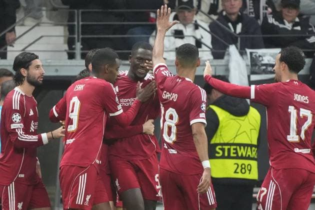 celebrate the goal, Torjubel zum 1:3 Ibrahima Konate (Liverpool FC) - Frankfurt 22.10.2025: Eintracht Frankfurt vs. FC Liverpool, Deutsche Bank Park, UEFA Champions League