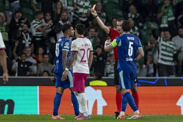 Referee Rade Obrenovic show red card for Emerson Palmiere 33 Olympique de Marseille during the UEFA Champions League match between Sporting CP vs Olympique de Marseille at Estadio Jose Alvalade on October 22nd,2025 (Photo by Joao Bravo Sports Press Photo) Copyright: xJoaoxBravox Sportspressphoto_SPR46403