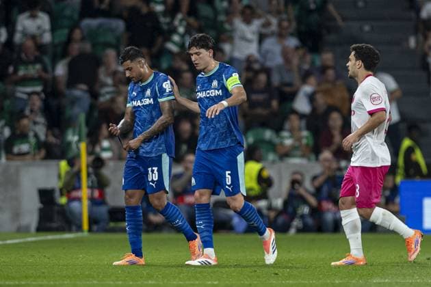Emerson Palmieri 33 Olympique de Marseille reacts during the UEFA Champions League match between Sporting CP vs Olympique de Marseille at Estadio Jose Alvalade on October 22nd,2025 (Photo by Joao Bravo Sports Press Photo) Copyright: xJoaoxBravox Sportspressphoto_SPR46408