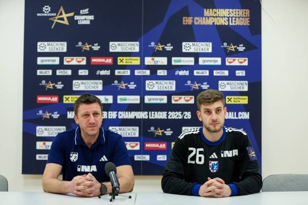 HC Zagreb v OTP Bank Pick Szeged: EHF Champions League Head Coach of HC Zagreb Andrija Nikolic and Haris Suljevic of HC Zagreb speak on a press conference, PK, Pressekonferenz after the Men s EHF Champions League group B match between HC Zagreb and OTP Bank Pick Szeged at Arena Zagreb on October 22, 2025. in Zagreb, Croatia.  IgorxKralj PIXSELL