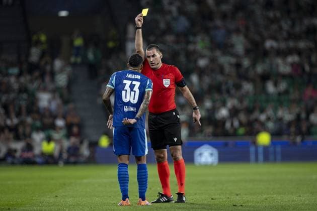 Referee Rade Obrenovic show yellow card for Emerson Palmiere 33 Olympique de Marseille during the UEFA Champions League match between Sporting CP vs Olympique de Marseille at Estadio Jose Alvalade on October 22nd,2025 (Photo by Joao Bravo Sports Press Photo) Copyright: xJoaoxBravox Sportspressphoto_SPR46410