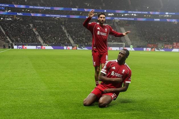 UEFA Champions League - Eintracht Frankfurt - Liverpool FC am 22.10.2025 im Deutsche Bank Park in Frankfurt Jubel, Torjubel, Torschuetze, Torschütze Ibrahima Konate (Liverpool 5) jubelt nach seinem Tor zum 1 zu 3