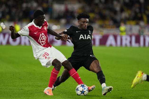 Mohammed Kudus of Tottenham and Kassoum Ouattara of Monaco Monaco v Tottenham Hotspur, UEFA Champions League, Group Stage, Football, Stade Louis II, Monaco - 22 Oct 2025Monaco Stade Louis II Monaco EDITORIAL USE ONLY No use with unauthorised audio, video, data, fixture lists, club league logos or live services. Online in-match use limited to 120 images, no video emulation. No use in betting, games or single club league player publications. Copyright: xDavexWinter Shutterstockx 15552361bt