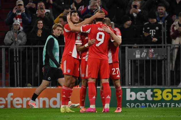 22.10.2025, xjrdrx, Fussball UEFA Champions League, FC Bayern Muenchen - Club Brügge v.l. Torjubel nach dem Tor zum celebrating the goal celebrate 3:0 durch Luis Diaz (FC Bayern Muenchen) (DFL DFB REGULATIONS PROHIBIT ANY USE OF PHOTOGRAPHS as IMAGE SEQUENCES and or QUASI-VIDEO) Muenchen