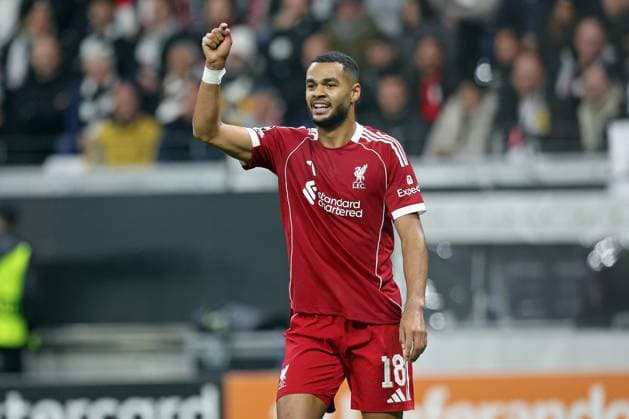 22.10.2025, xovx, Fußball UEFA Champions League, Eintracht Frankfurt - FC Liverpool Jubel bei Cody Gakpo (FC Liverpool) nach dem Tor zum 1:4 (DFL DFB REGULATIONS PROHIBIT ANY USE OF PHOTOGRAPHS as IMAGE SEQUENCES and or QUASI-VIDEO) emspor Frankfurt am Main