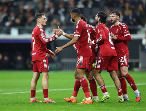 Cody Gakpo of Liverpool celebrates scoring his sides fourth goal with team-mate Florian Wirtz of Liverpool Eintracht Frankfurt v Liverpool, UEFA Champions League, Group Stage, Football, Deutsche Bank Park, Frankfurt, Germany - 22 Oct 2025Frankfurt Deutsche Bank Park Germany EDITORIAL USE ONLY No use with unauthorised audio, video, data, fixture lists, club league logos or live services. Online in-match use limited to 120 images, no video emulation. No use in betting, games or single club league player publications.  Copyright: xMichaelxZemanek Shutterstockx 15558828az