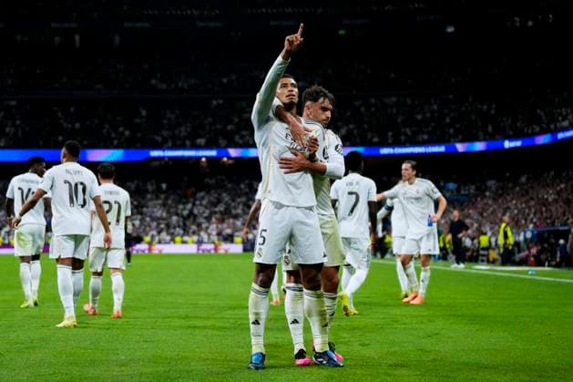ESP: Real Madrid v Juventus. UEFA Champions League. Matchday 3. Jude Bellingham of Real Madrid CF celebrates after scoring the 1-0 during the UEFA Champions League match, between Real Madrid and Juventus, matchday 3, played at Santiago Bernabeu Stadium on October 22, 2025 in Madrid, Spain. kpng Copyright: xCesarxCebollax xPRESSINx MM_241022_RMA_JUV_2526_169